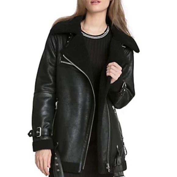 Avec Les Filles Faux Shearling Black Biker Jacket - Picture 2 of 14